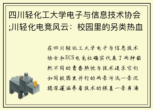 四川轻化工大学电子与信息技术协会;川轻化电竞风云：校园里的另类热血战场